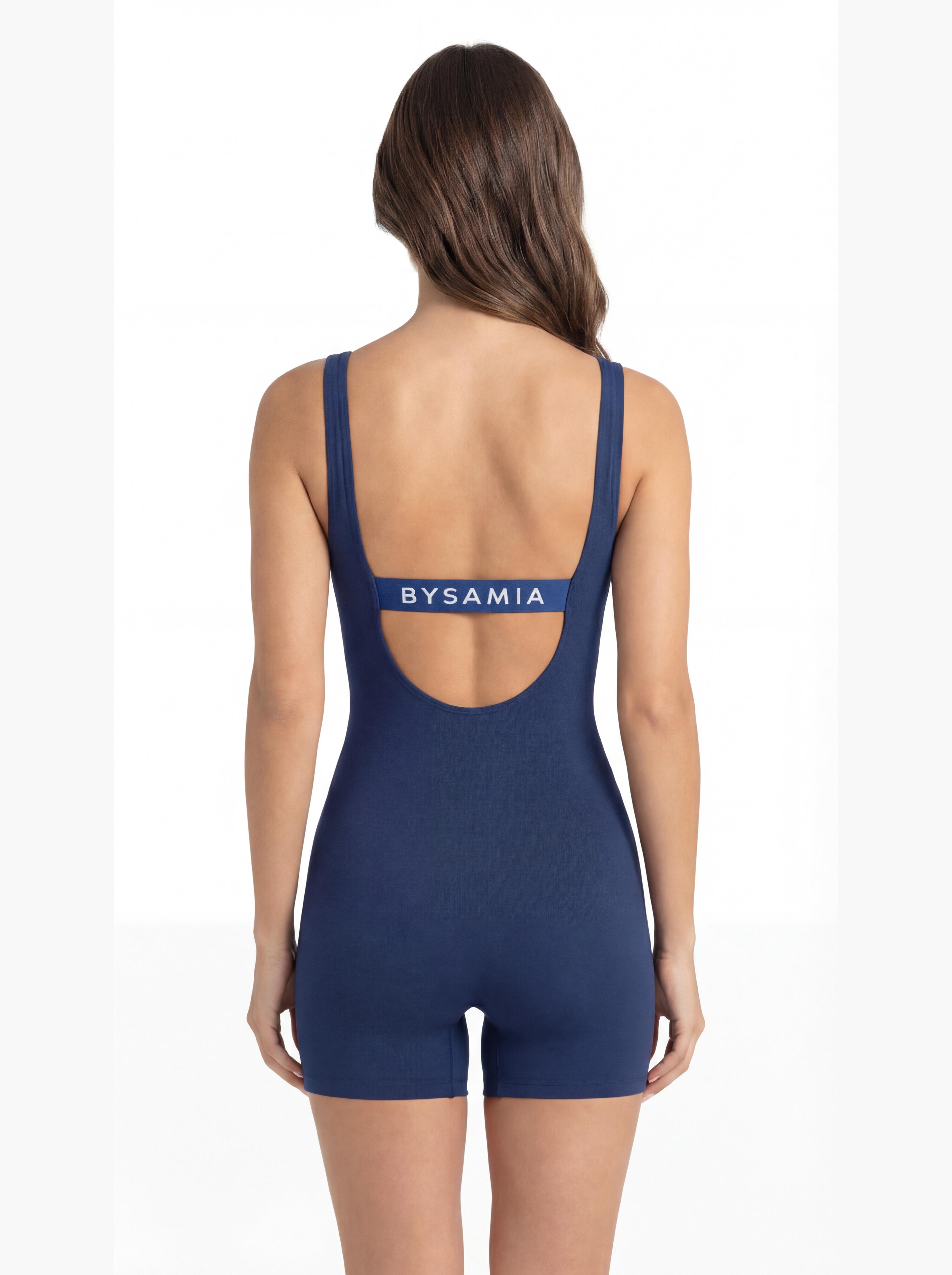 TRAJE DE BAÑO MUJER NATACION PIERNA CORTA ELASTICO AZUL - 2
