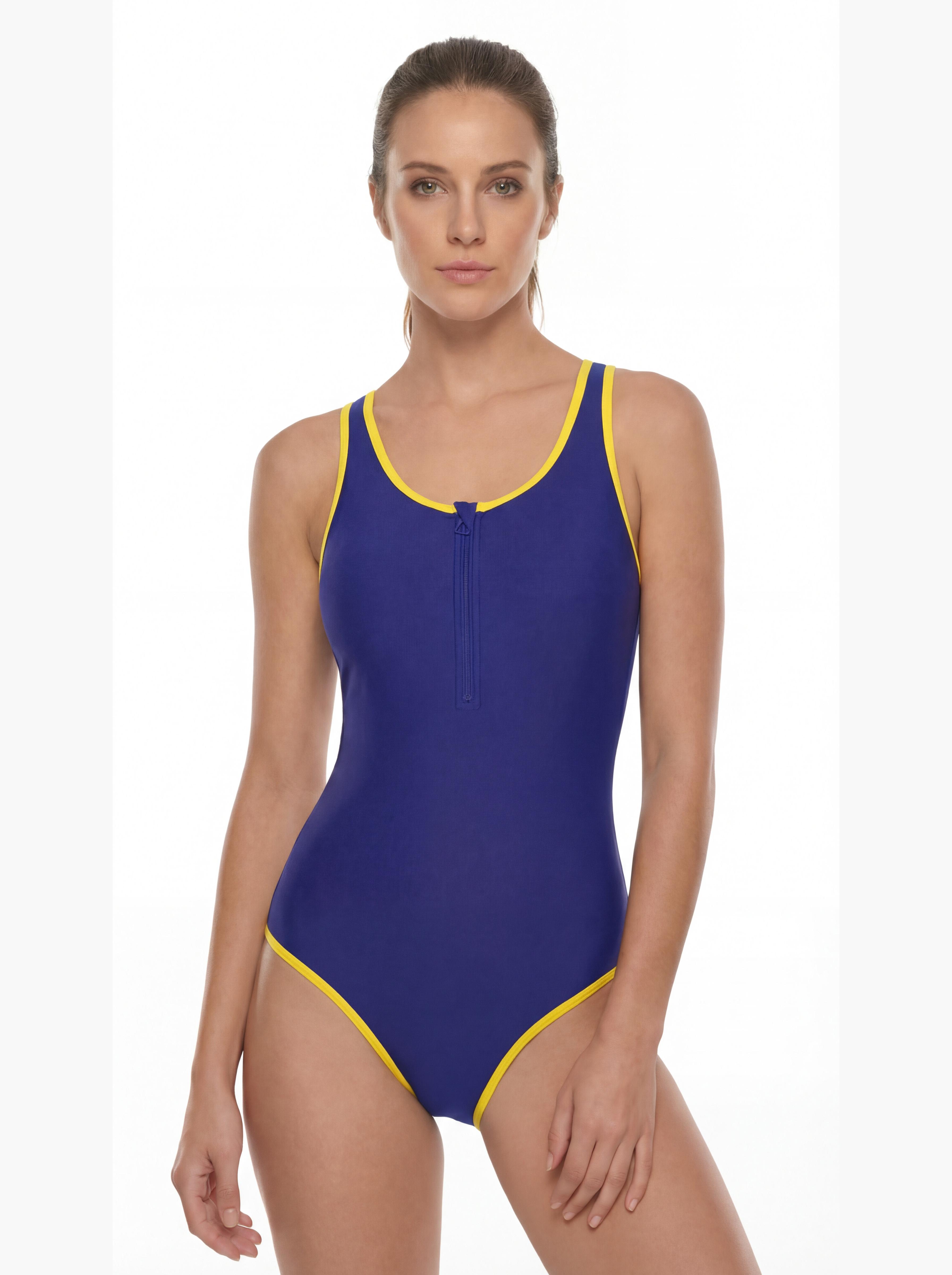 TRAJE DE BAÑO MUJER NATACION CON CIERRE AMARILLO - 1