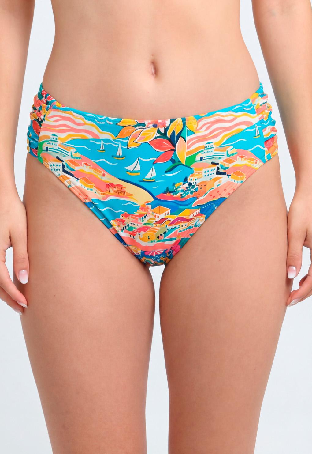 BIKINI CLASICO COSTADOS DRAPEADOS ESTAMPADO TURQUESA - 1
