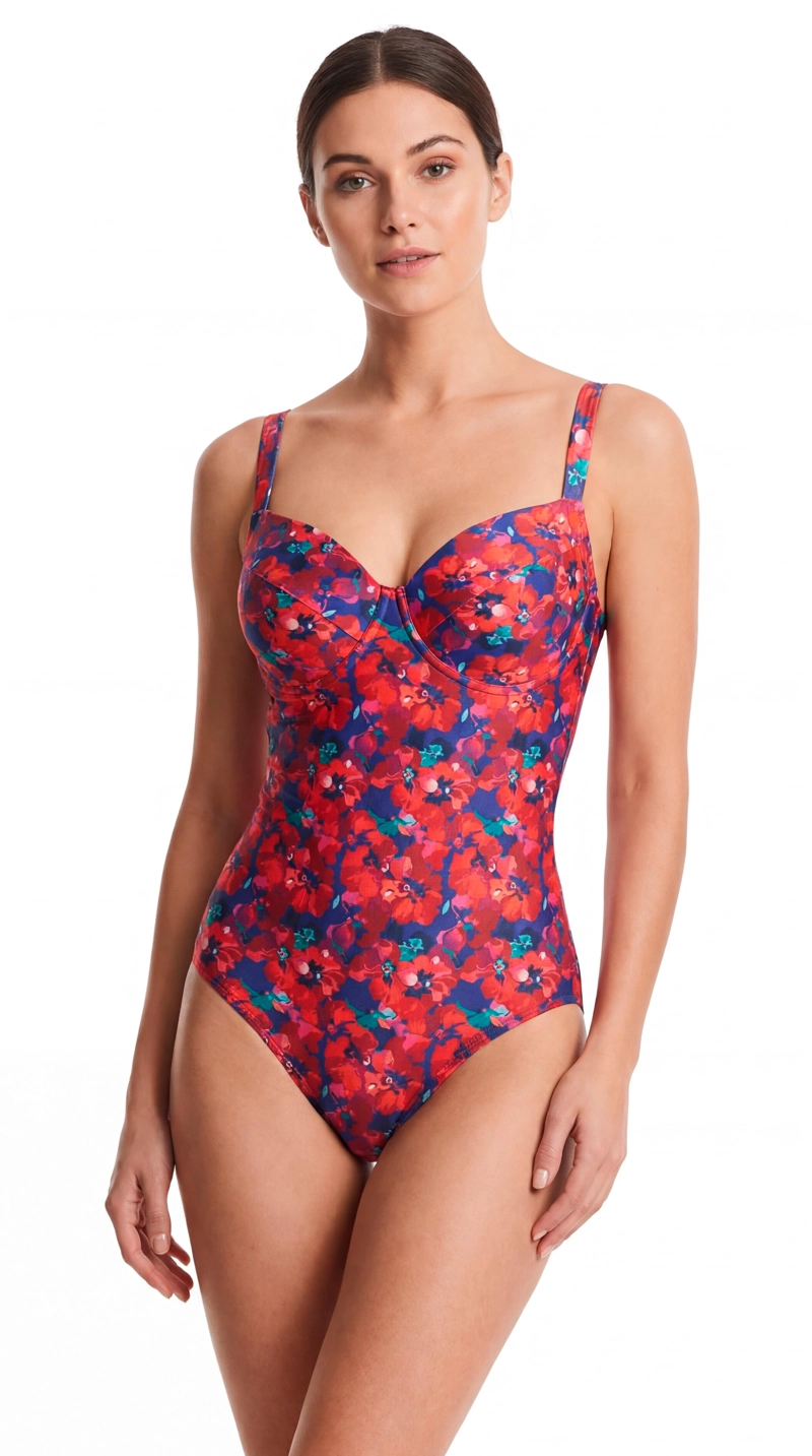 TRAJE DE BAÑO REDUCTOR COPA DOBLE D ESTAMPADO ROJO - 1