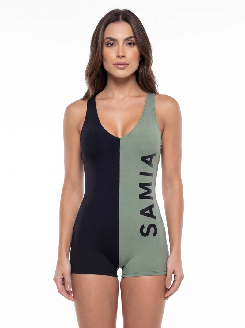 TRAJE DE BAÑO MUJER NATACION PIERNA CORTA BICOLOR VERDE - 1