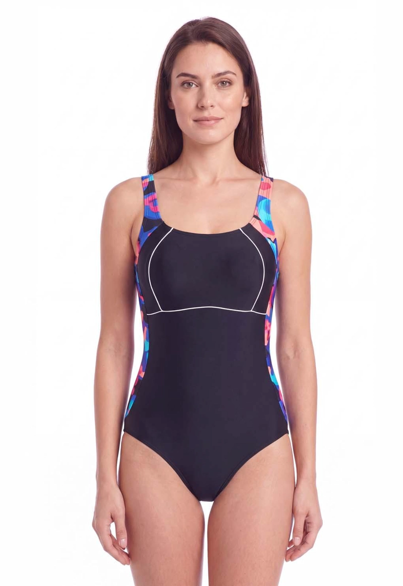 TRAJE DE BAÑO DEPORTIVO ESTAMPADO NEGRO EN LOS COSTADOS - 1