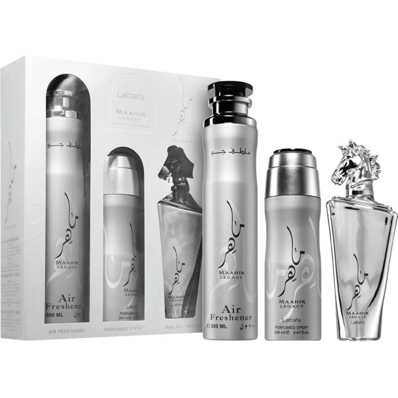 SET LATTAFA MAAHIR LEGACY WITH 100ML EDP + 200ML DEO + 300ML AIR FRESHNER (3 PCS GIFT) - 1