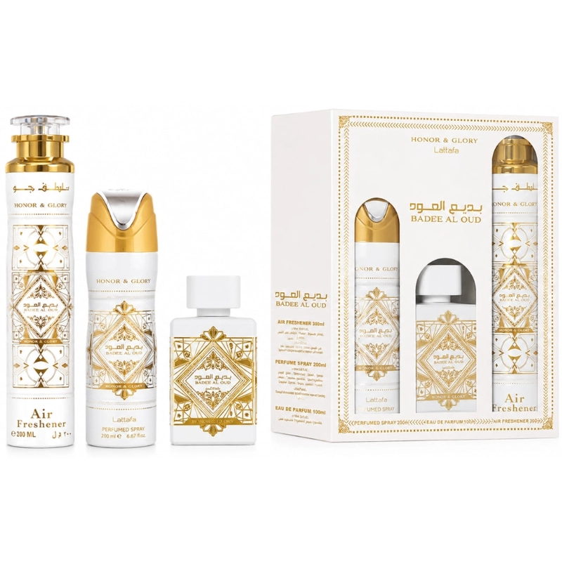 SET LATTAFA BADEE AL OUD HONOR AND GLORY WITH 100 ML EDP + 200ML DEO + 300ML AIR FRESHNER(3PCS GIFT) - 1
