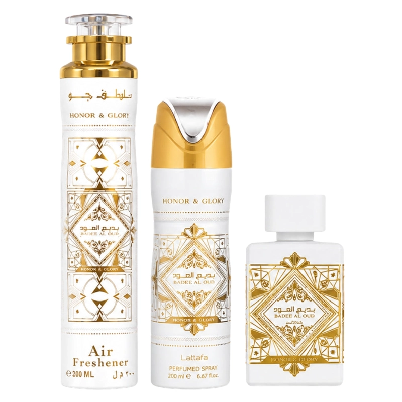 SET LATTAFA BADEE AL OUD HONOR AND GLORY WITH 100 ML EDP + 200ML DEO + 300ML AIR FRESHNER(3PCS GIFT) - 2