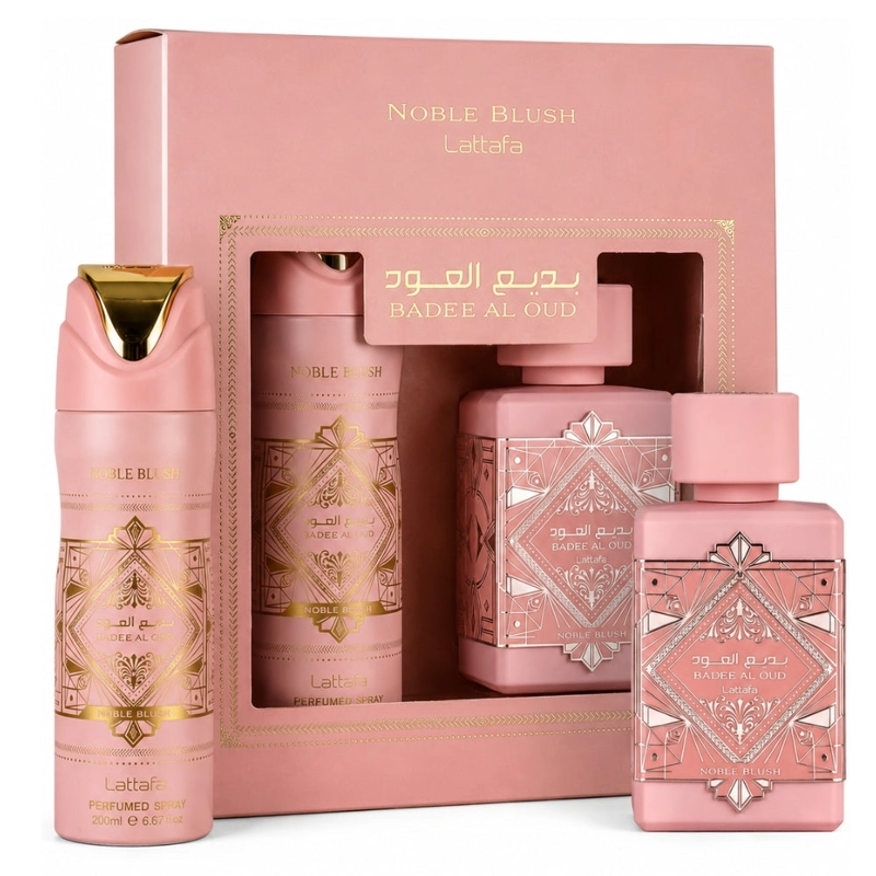 SET LATTAFA BADEE AL OUD NOBLE BLUSH WITH 100ML EDP + 200ML PERFUME SPRAY (2PCS GIFT) - 1