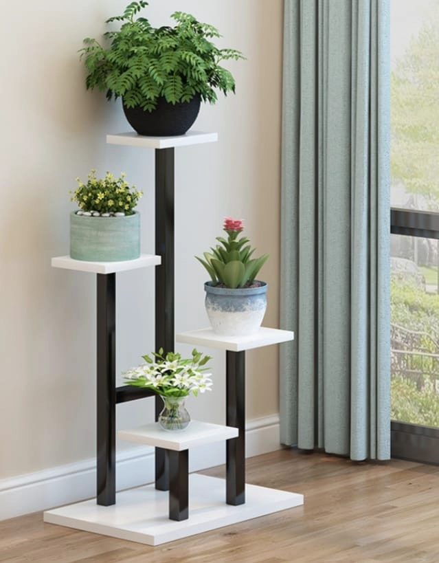 SOPORTE DE MACETEROS TUBOS NEGRO/MADERA BLANCA - 3