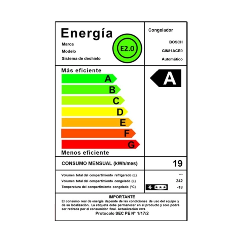 CONGELADOR INTEGRABLE BOSCH GIN81ACE0 212L NO FROST SERIE 6 - 8