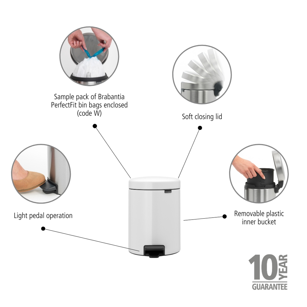 BASURERO BRABANTIA PEDAL NEWICON 5 LT WHITE - 6