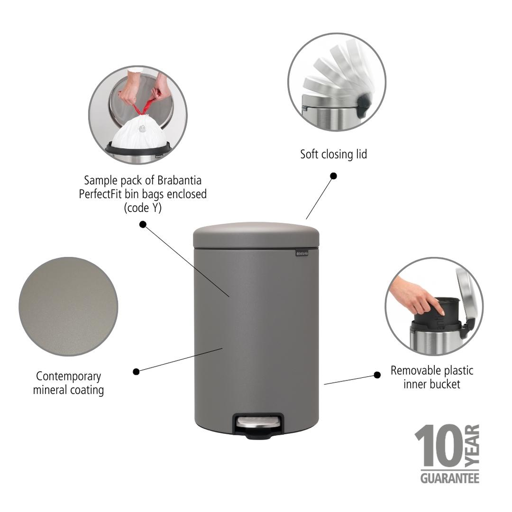 BASURERO BRABANTIA PEDAL NEWICON 20 LT MINERAL CONCRETE GREY - 6