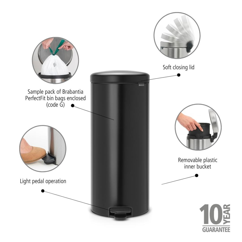 BASURERO BRABANTIA PEDAL NEWICON 30 LT MATT BLACK - 5