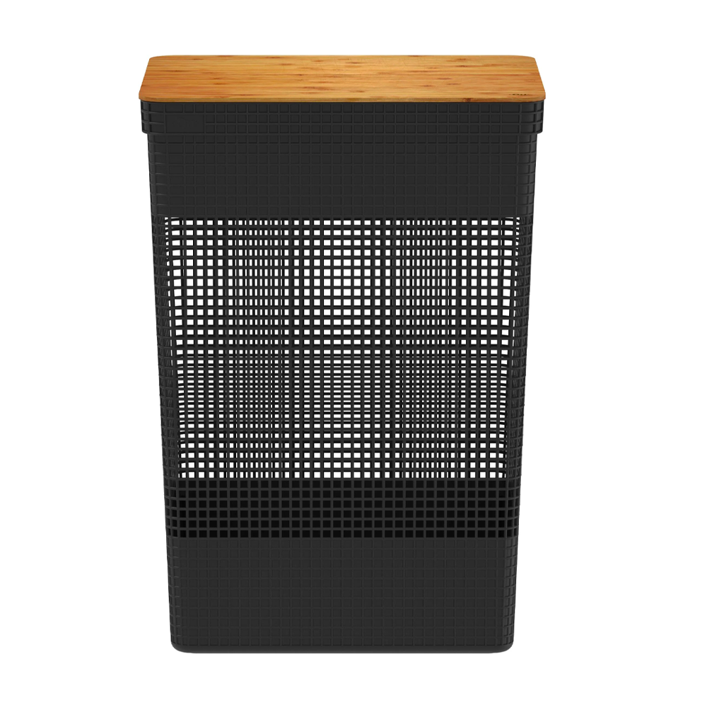 CESTA DE ROPA GRID CON TAPA DE BAMBÚ 49 L NEGRO - 1