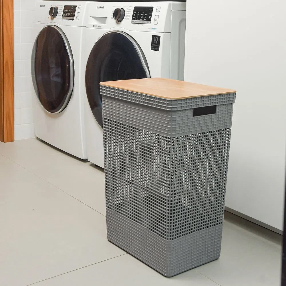CESTA DE ROPA GRID CON TAPA DE BAMBÚ 49 L NEGRO - 2
