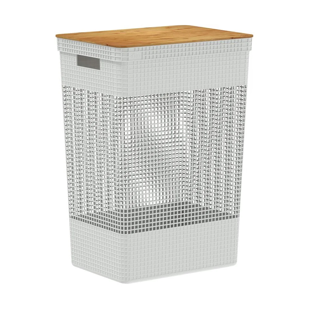 CESTA DE ROPA GRID CON TAPA DE BAMBÚ 49 L BLANCO OCÉANO - 1