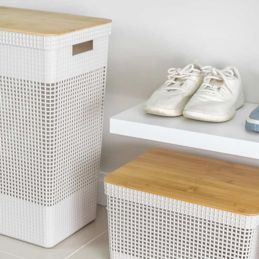 CESTA DE ROPA GRID CON TAPA DE BAMBÚ 49 L BLANCO OCÉANO - 2