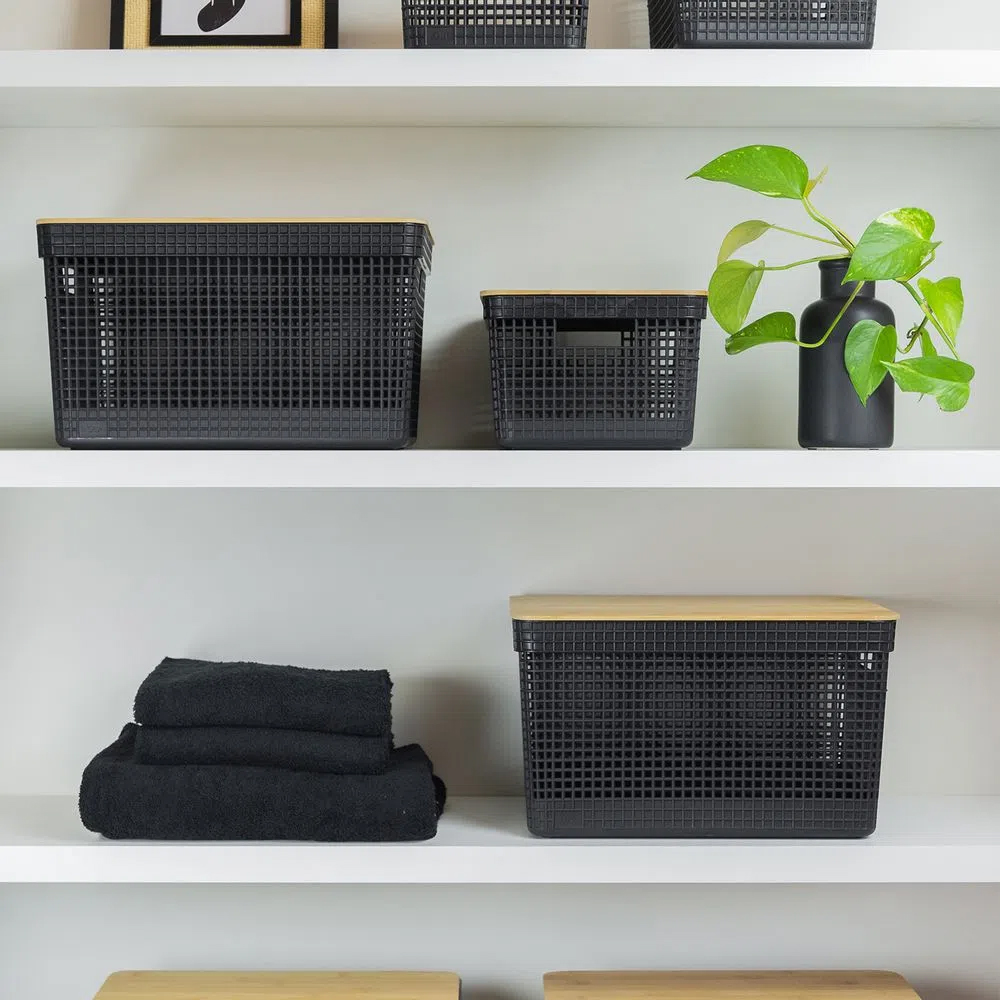 CESTA ORGANIZADORA GRID CON TAPA DE BAMBÚ 20 L NEGRO - 2
