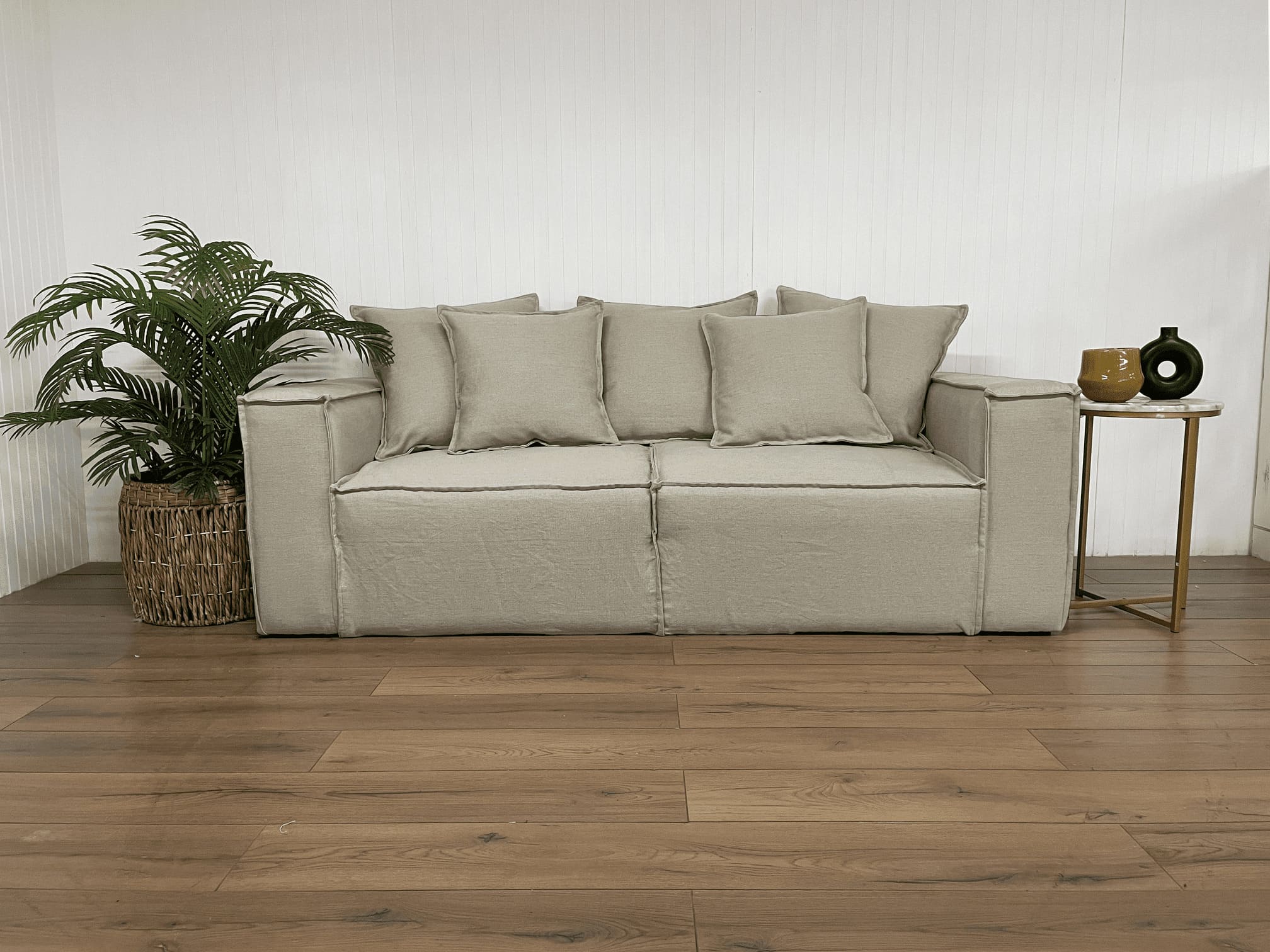 SOFA CAMA ENCO 3 CUERPOS CHENILLE BEIGE TIPO LINO - 2