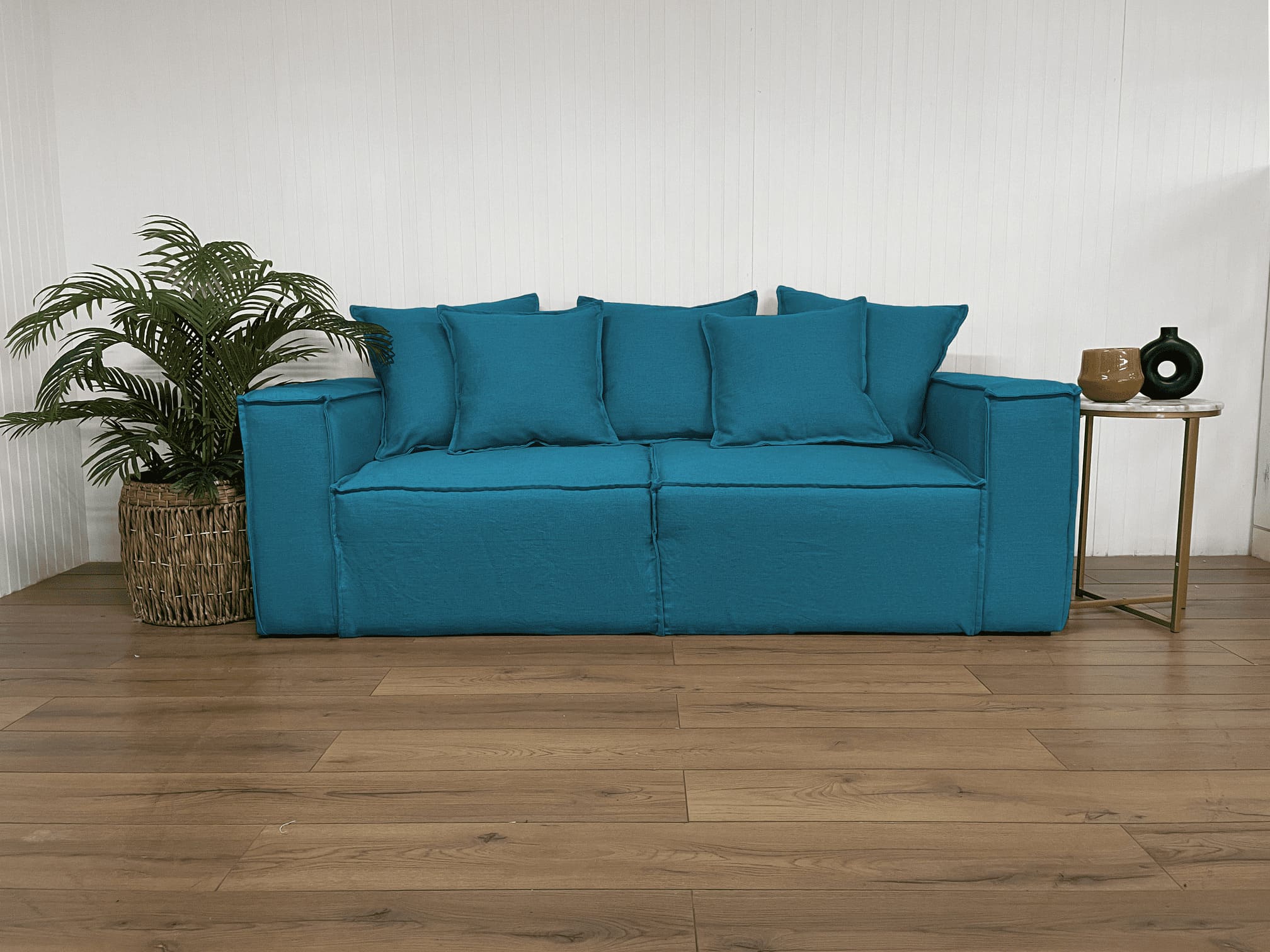 SOFA CAMA ENCO 3 CUERPOS CHENILLE TURQUESA TIPO LINO - 2