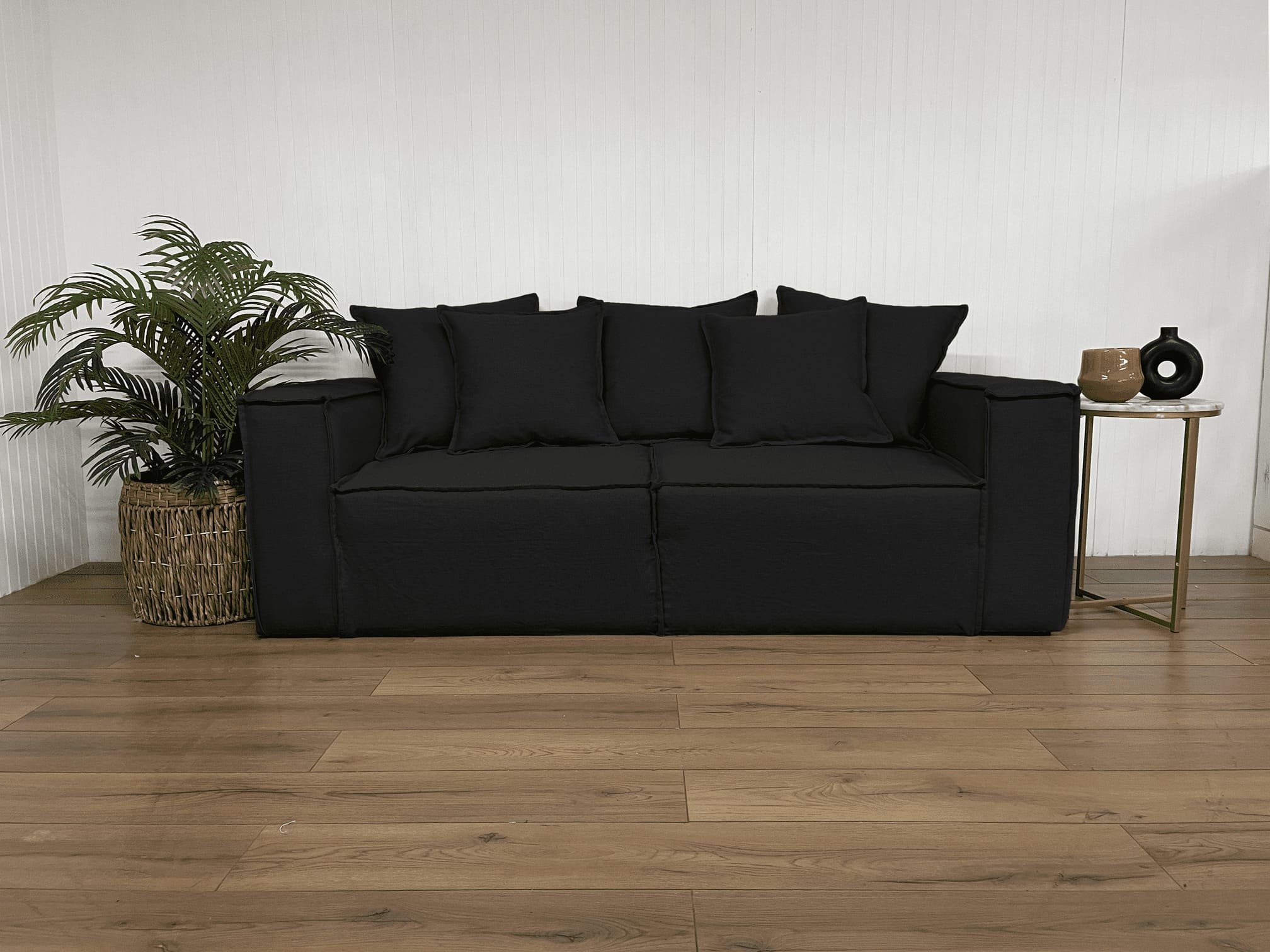SOFA CAMA ENCO 3 CUERPOS CHENILLE NEGRO TIPO LINO - 2