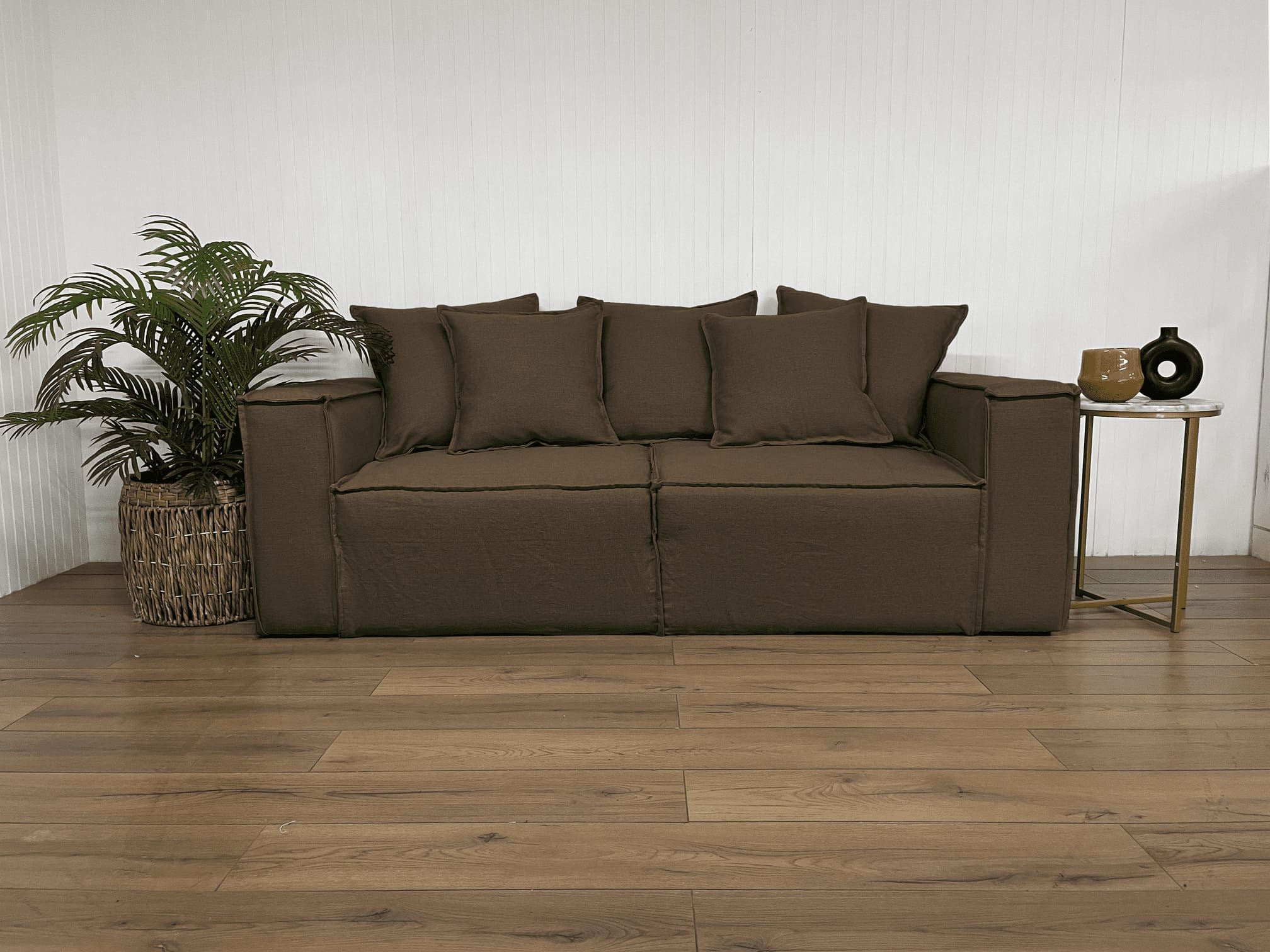 SOFA CAMA ENCO 3 CUERPOS CHENILLE CAFE TIPO LINO - 2