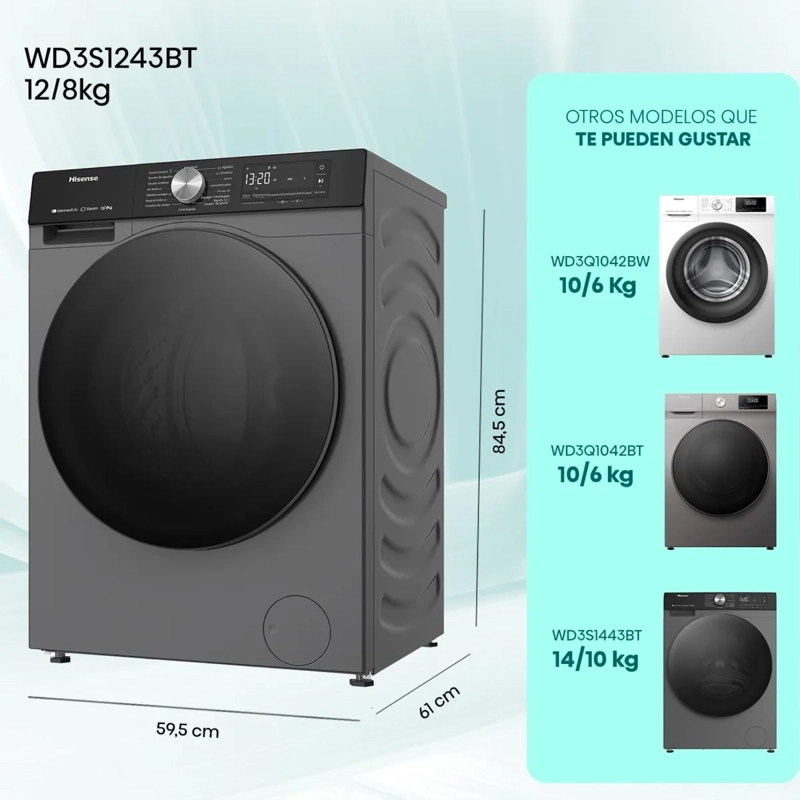 LAVADORA SECADORA HISENSE WD3S1243BT 12 KG/7KG NEGRO FRONTAL - 3
