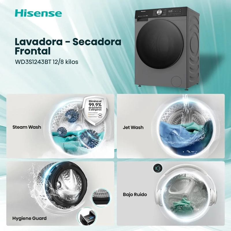LAVADORA SECADORA HISENSE WD3S1243BT 12 KG/7KG NEGRO FRONTAL - 4