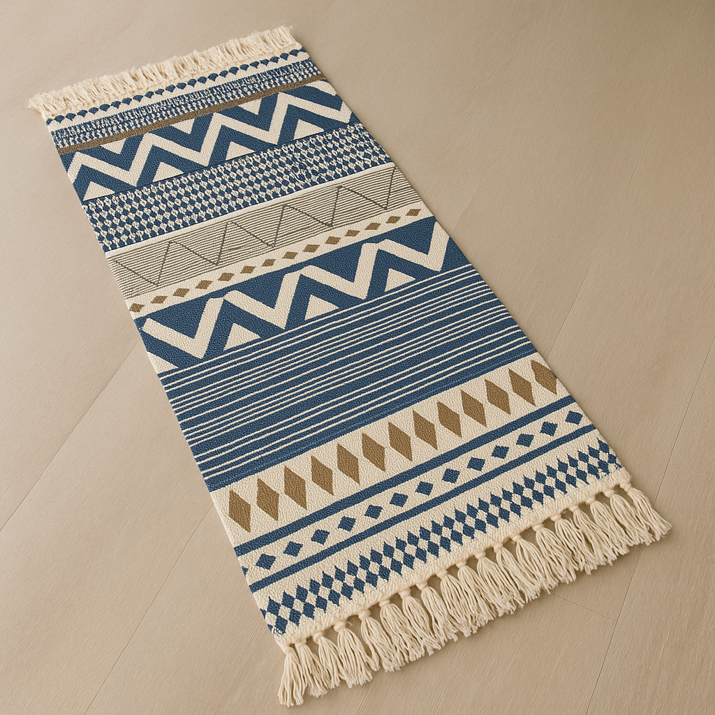 BAJADA DE CAMA 60X130 CM LINO DISEÑO ÉTNICO AZUL Y BEIGE 741 - 1