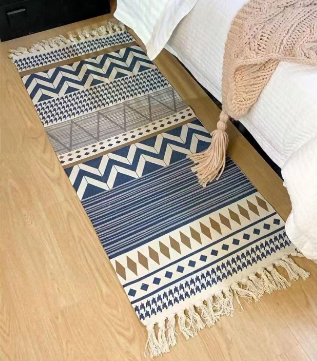 BAJADA DE CAMA 60X130 CM LINO DISEÑO ÉTNICO AZUL Y BEIGE 741 - 2