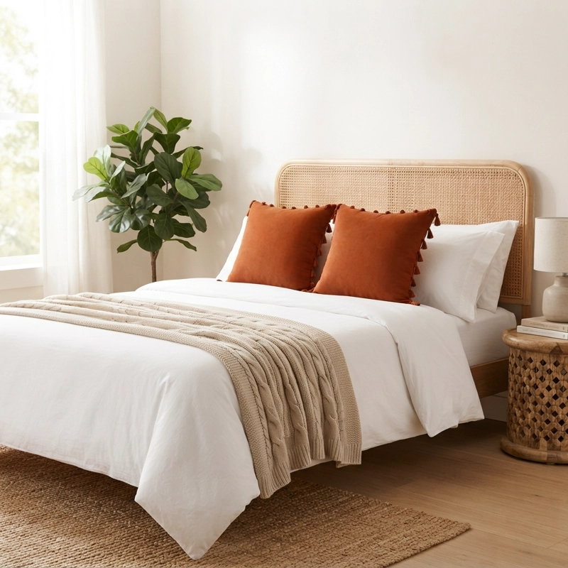 SET DE 2 FUNDAS DE COJIN 45X45 DECORATIVAS CON BORLA POLIE STER CAFE - 4