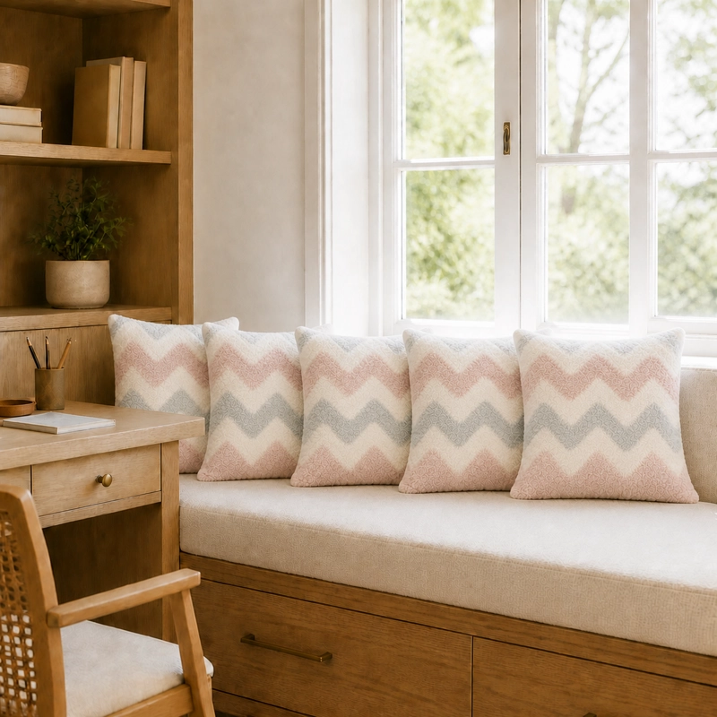FUNDA DE COJIN TEXTURIZADA ROSA CREMA ZIGZAG 45X45 CM 5 UN ELEGANTE - 2