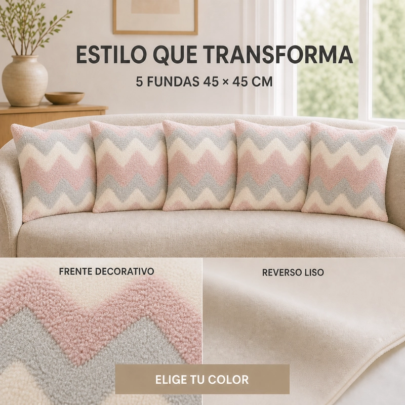 FUNDA DE COJIN TEXTURIZADA ROSA CREMA ZIGZAG 45X45 CM 5 UN CALIDAD PREMIUM - 9