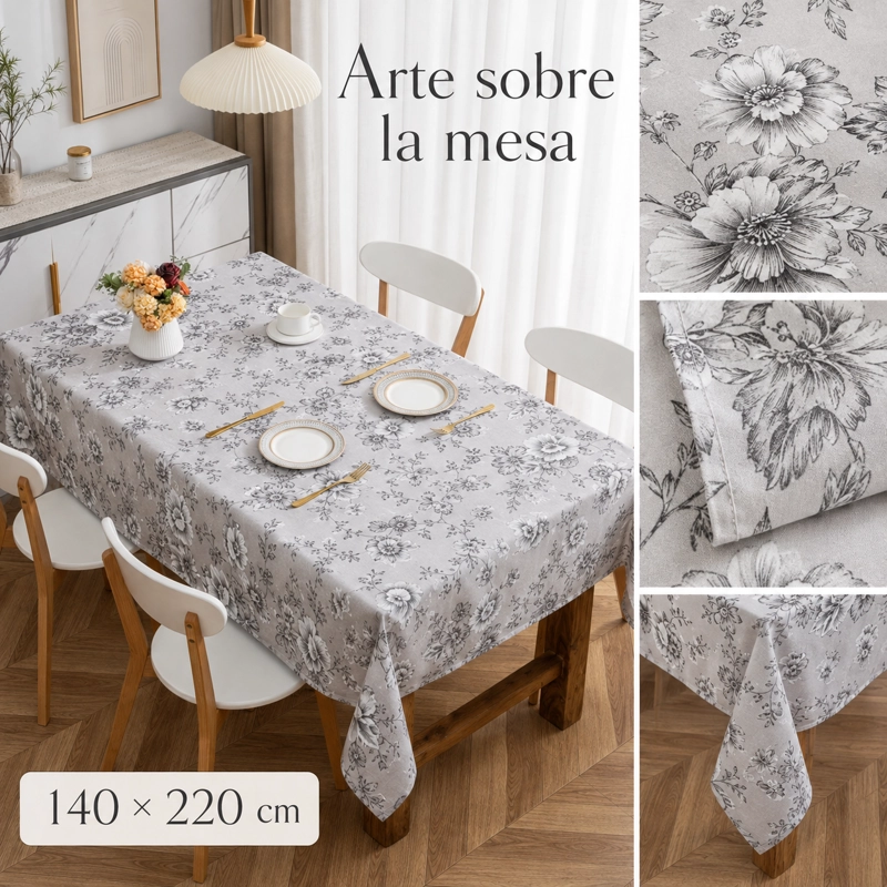MANTEL DE MESA RECTANGULAR GRIS CON DISEÑO FLORAL 140X220 CM 851 - 5