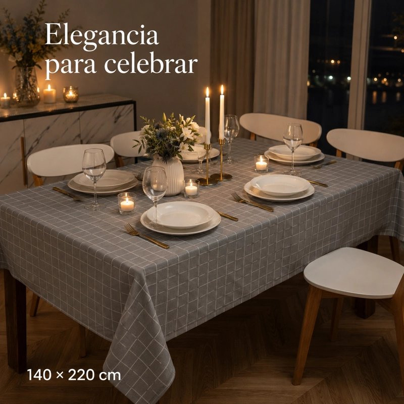 MANTEL RECTANGULAR CUADROS GRIS POLI-ALGODON CALIDAD 847 ESTILO UNICO - 6