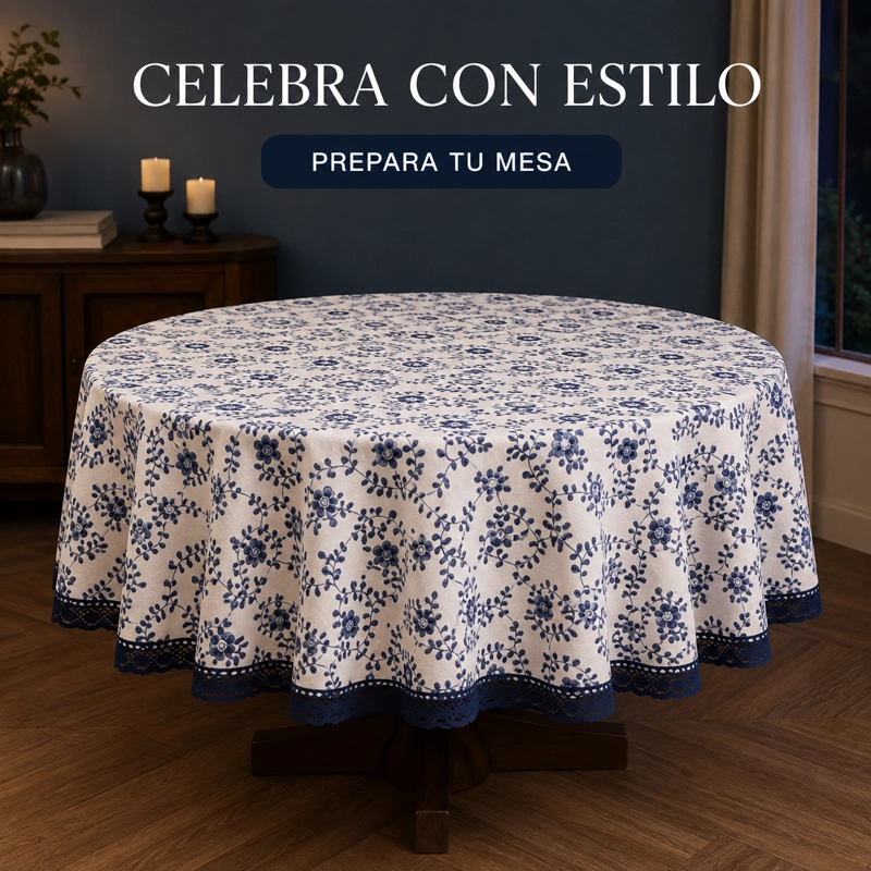 MANTEL DE POLIALGODON REDONDO ARMONIA DISEÑO FLORAL AZUL CON ENCAJE 861 - 3