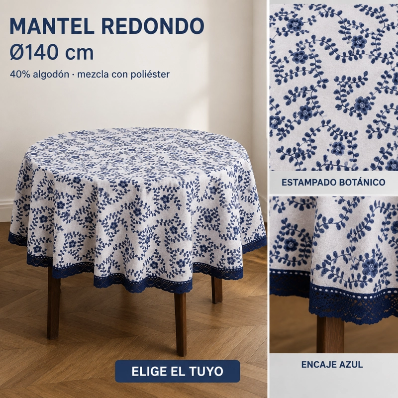 MANTEL DE POLIALGODON REDONDO ARMONIA DISEÑO FLORAL AZUL CON ENCAJE 861 - 5