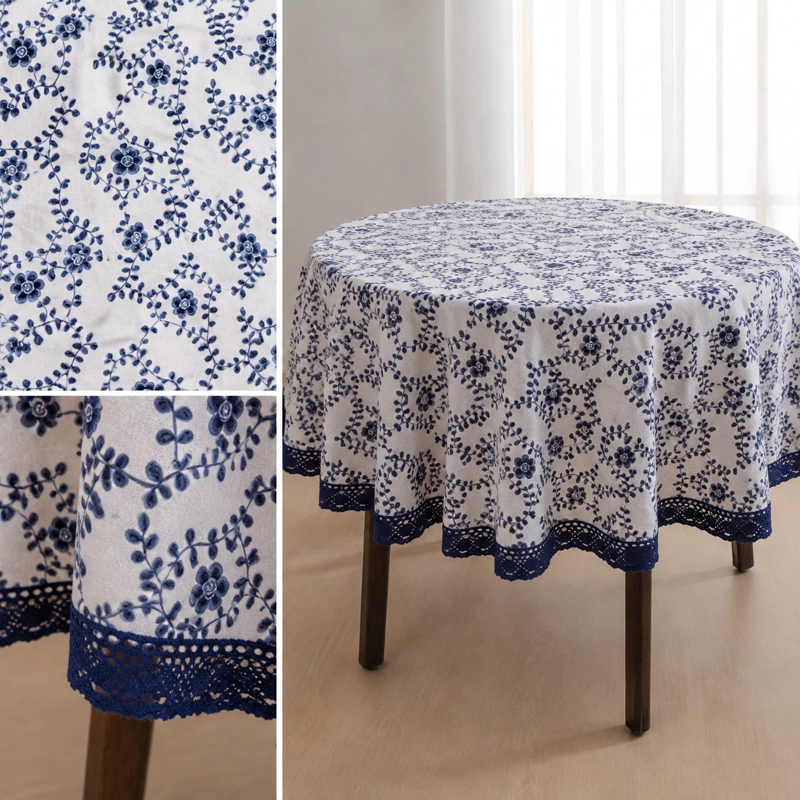 MANTEL PARA MESA REDONDA ARMONIA FLORAL AZUL CON DETALLES DE ENCAJE 861 - 4