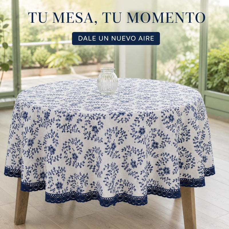 MANTEL ARMONIA 861 REDONDO PARA MESA AZUL ESTAMPADO FLORAL - 1