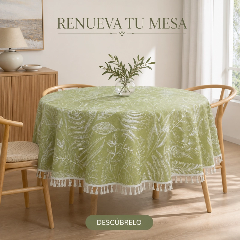 MANTEL ARMONIA REDONDO VERDE CON ESTAMPADO FLORAL Y BORLAS MODERNO 862 - 6