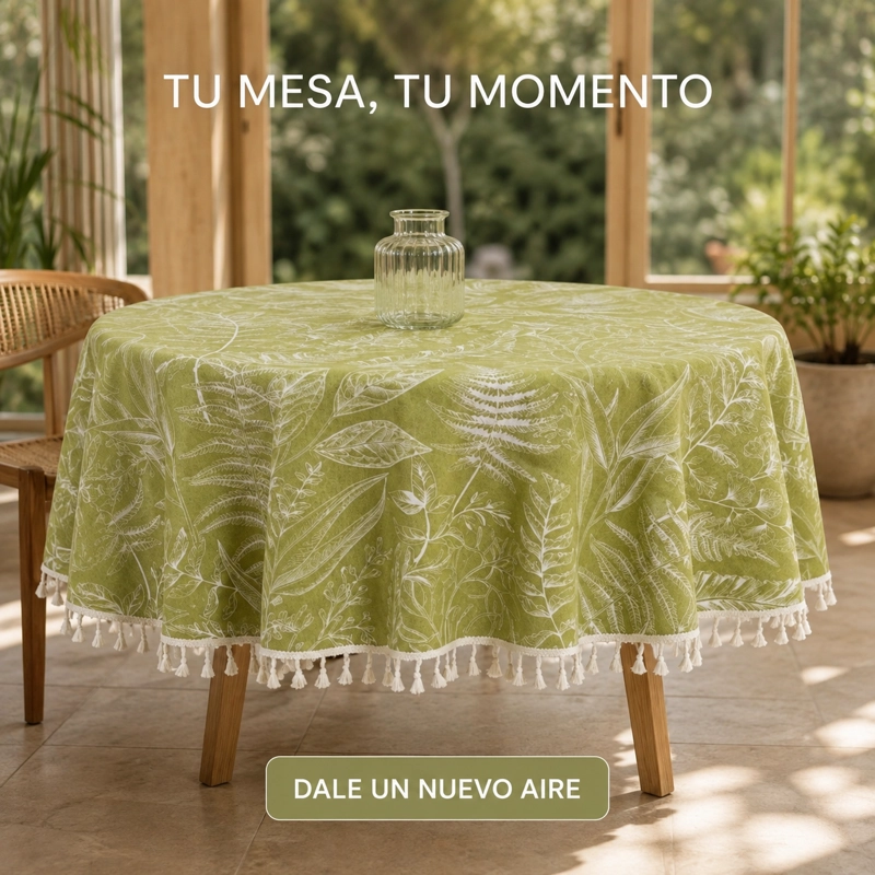 MANTEL DE POLIE STER Y ALGODON REDONDO ARMONIA VERDE FLORAL CON BORLAS 862 - 4