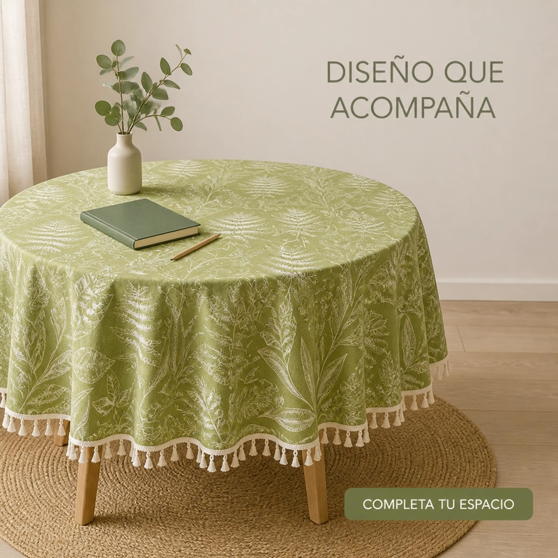 MANTEL REDONDO VERDE CON BORLAS DECORATIVAS ARMONIA MODELO 862 - 7