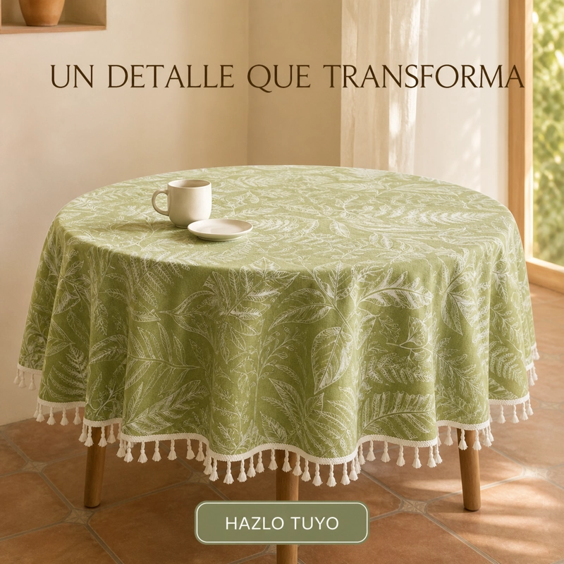 MANTEL DE MESA REDONDO ARMONIA VERDE FLORAL CON BORLAS 862 - 6
