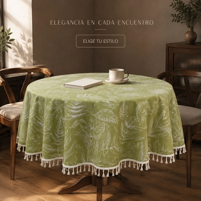 MANTEL DE MESA REDONDO ARMONIA VERDE FLORAL CON BORLAS 862 - 7
