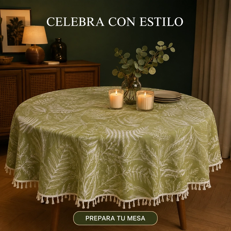 MANTEL REDONDO DE POLIALGODON VERDE CON DISEÑO FLORAL Y BORLAS ARMONIA 862 - 4