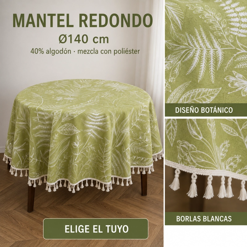 MANTEL MODERNO ARMONIA REDONDO VERDE FLORAL CON DETALLES DE BORLAS 862 - 6