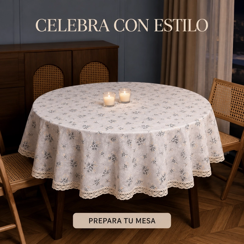 MANTEL DE POLIALGODON REDONDO GRIS CON FLORES Y ENCAJE 863 - 4