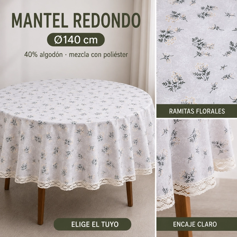 MANTEL DE POLIALGODON REDONDO GRIS CON FLORES Y ENCAJE 863 - 6