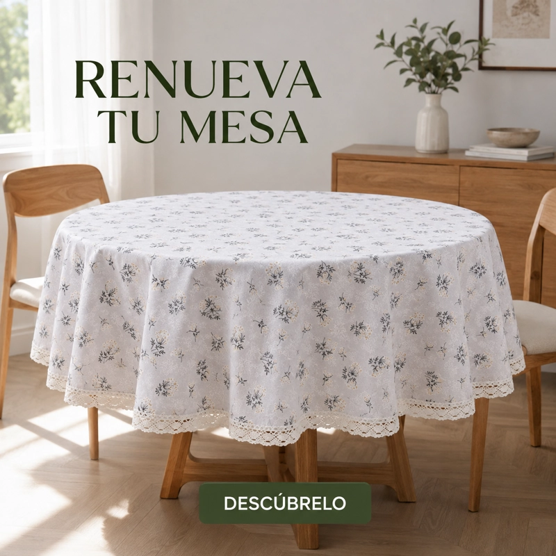 MANTEL DE POLIALGODON REDONDO GRIS CON FLORES Y ENCAJE 863 - 7