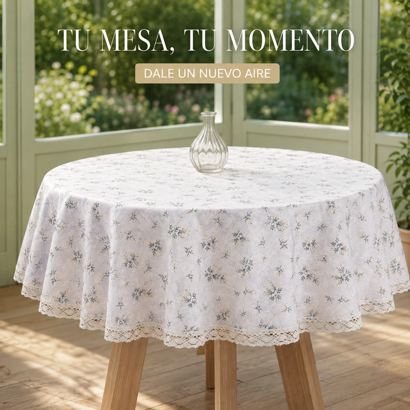 MANTEL REDONDO GRIS CON DISEÑO DE FLORES Y ENCAJE ARMONIA 863 - 7