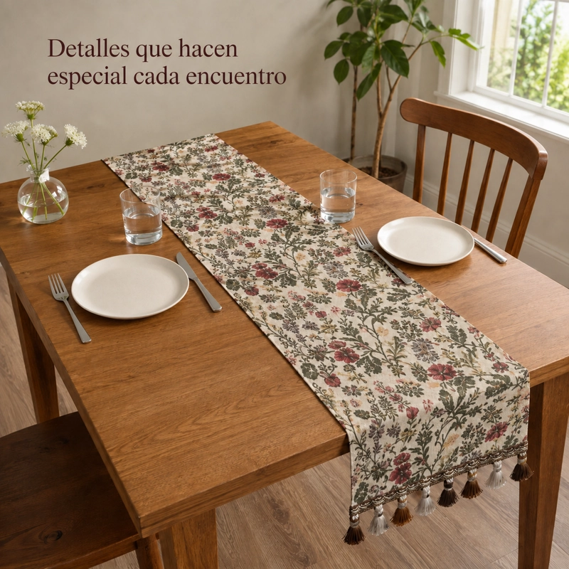 CAMINO DE MESA ARMONIA 864 DISEÑO FLORAL CON BORLAS BEIGE - 3