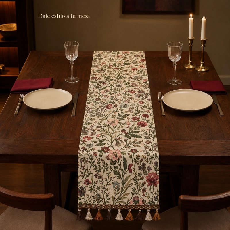 CAMINO DE MESA ARMONIA 864 DISEÑO FLORAL CON BORLAS BEIGE - 4